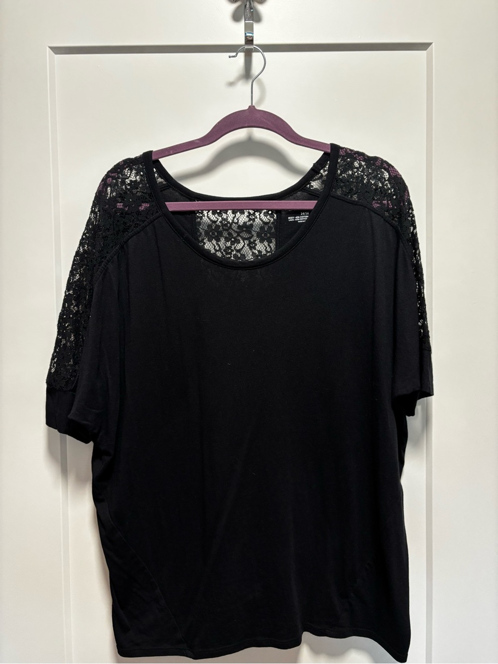 Lane Bryant Black Short Sleeve Tee with Lace Shoulder Panels